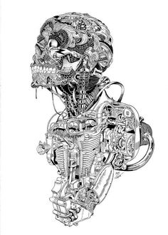 a black and white drawing of a skeleton riding a motorcycle with gears on it's engine