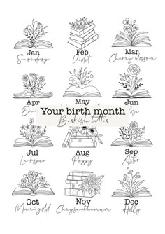 an image of books with the words your birth month written on them in black and white