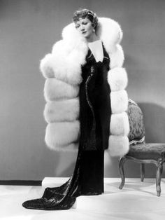 size: 24x18in Photo: Claudette Colbert, in Travis Banton Gown and White Fox Fur Coat, c.1935 : Entertainment Claudette Colbert, Star Costume, Mae West, 30s Fashion, Fur Coat Vintage, Marlene Dietrich, 1930s Fashion, Fox Fur Coat, Vintage Fur