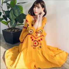 Daily special holiday vacation dress heavy industry embroidery India Nepal national wind cotton and linen art long skirt spring Fall Maxi, Loose Midi Dress, Casual Dresses Plus Size, Sleeve Embroidery, Casual White Dress, High Waist Dress, Korean Dress, Style Maxi Dress, Women Long Dresses