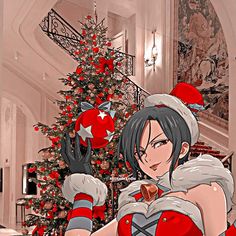 an anime character in front of a christmas tree