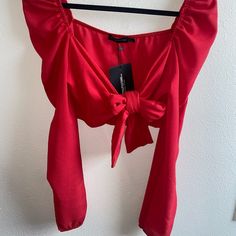 Vibrant Red Front Tie Crop. (Runs Small Fits Like A Xs/S) Red Cropped Blouse For Spring, Chic Red Crop Top, Red Summer Crop Top Blouse, Red Crop Top Blouse For Summer, Flirty Red Crop Top For Spring, Elegant Red Crop Top For Spring, Elegant Red Spring Crop Top, Trendy Red Crop Top For Party, Chic Red Blouse For Brunch