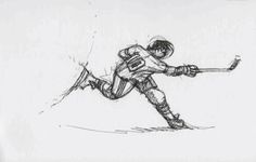 a pencil drawing of a person skiing down a hill with ski poles in his hand