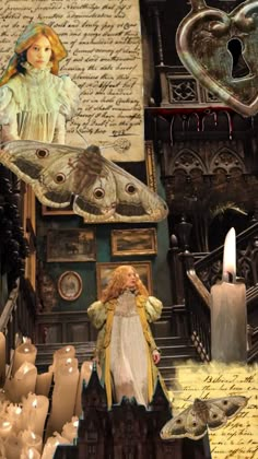 an altered photograph of a girl standing in front of a clock tower with lots of writing on it