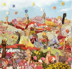 a painting of people reaching for flowers in the air with their hands up to them