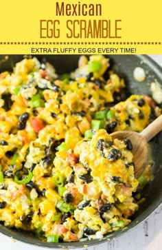 mexican egg scramble in a skillet with a wooden spoon on the side and text overlay