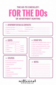 the go - to checklist for the do's of apartment hunting in pink