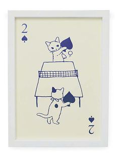 a drawing of a cat playing cards on a white background with blue lettering that reads 2