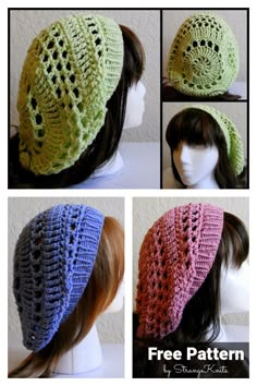 three different views of a crocheted hat on top of a mannequin head