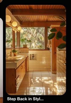 a kitchen with tiled floors and wooden ceilinging next to a window that reads, step back in style