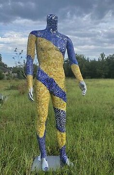 a man is standing in the grass wearing a yellow and blue body suit