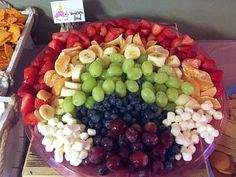 a platter filled with grapes, strawberries, and other fruits on a table