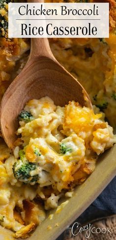 chicken broccoli rice casserole in a baking dish with a wooden spoon