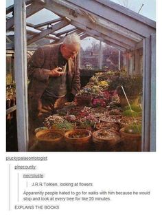 an old man looking at flowers in a greenhouse