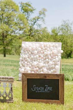 a sign and some balls in the grass next to a box with a sign that says flash zone on it