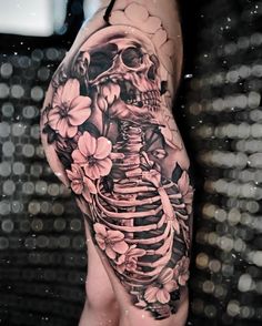 Skeleton Dark Leg Tattoos For Women, Female Thigh Tattoos For Women, Female Thigh Tattoos Unique, Tattoo Ideas Female Hip And Thigh, Thigh Piece Women Tattoo, Skeleton Leg Sleeve, Full Thigh Sleeve Tattoo Women, Hot Thigh Tattoos, Hip Skull Tattoos Women