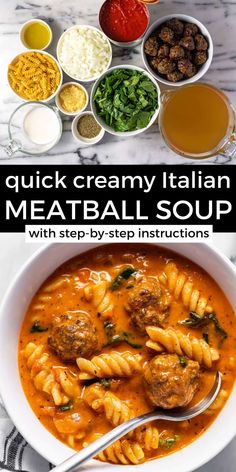 a bowl filled with meatballs and pasta next to bowls of other ingredients on the table