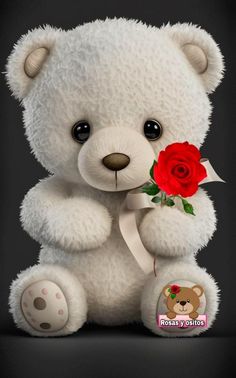 a white teddy bear with a red rose in it's mouth sitting on a black background