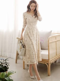 Dresses | Skater Dresses | V-neck Long Sleeve Lace Big Hem Dress Lace Dress Elegant, Formal Dress With Lace Sleeves, Lace Knee Length Dress, Dress Lace Design, Godmother Outfit Dresses Wedding, Casual Lace Dress, Western Lace Dress, Dress With Lace, Long Lace Dress