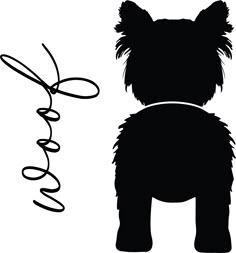 a black and white silhouette of a small dog with a leash attached to it's neck