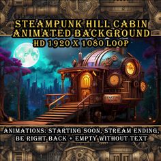 steampunk hill cabin animated background