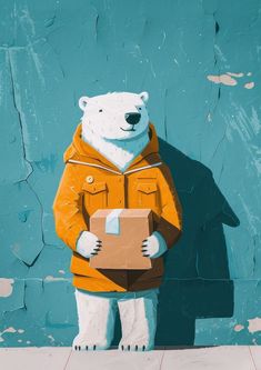 a painting of a polar bear in an orange jacket holding a box and standing against a blue wall