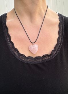 "Gorgeous large light pink rose quartz heart necklace Color may vary.  Available in 18\" and 24\" in waxed cored and silver plated." Rose Quartz Heart Necklace, Rose Quartz Heart Pendant Necklace With Charm, Light Pink Rose, Pink Rose Quartz, Rose Quartz Heart, Gloucester, Crochet Basics, Heart Necklace, Pink Rose