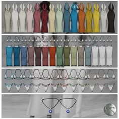 several different colored dresses and glasses on shelves