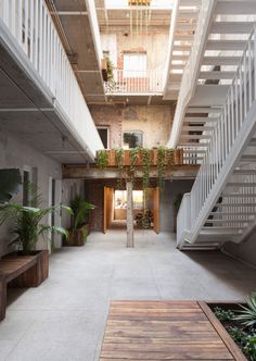 an empty building with stairs leading up to the second floor and potted plants on either side