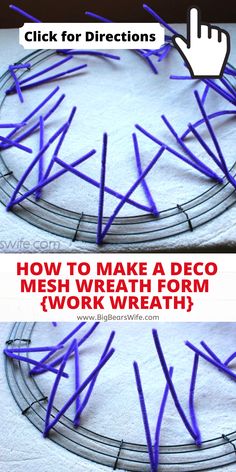 two pictures with the words how to make a deco mesh wreath from'work wreath '