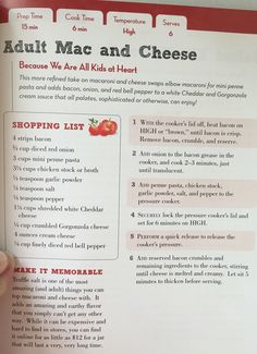 someone is holding up an adult mac and cheese recipe book with instructions on the page