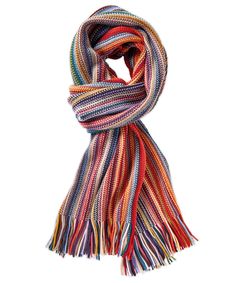 It's easy to add an extra touch of warmth (and style) to any outing with this beautifully unique, colorful wool scarf. The fringed edge only add to its appeal. 12" x 72". Dry clean. 100% wool Fringed edge Imported