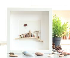 some rocks and plants in a white frame on a table next to a potted plant