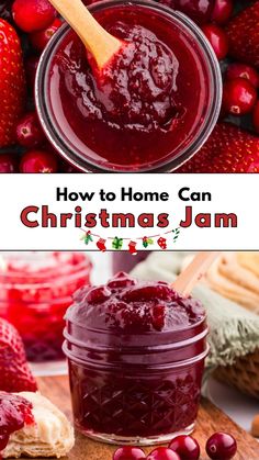 homemade christmas jam in a jar with strawberries around it