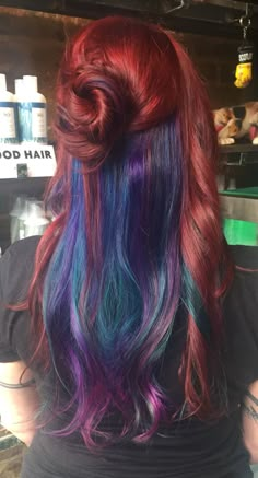 Red And Rainbow Hair, Red Hair With Colored Streaks, Red Purple Blue Hair, Leopard Hair Dye, Copper And Purple Hair, Colored Extensions, Blue And Red Hair, Red Purple Hair