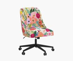 a colorful office chair with wheels and flowers on the seat, against a white background