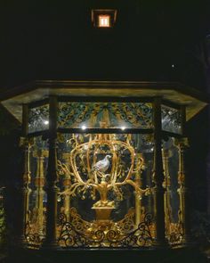 an ornate gold and black clock in the dark