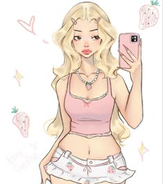 a drawing of a girl with blonde hair holding a cell phone in her right hand