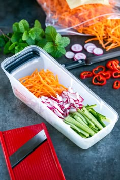 carrots, celery, red onions and other vegetables in a container on a table