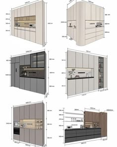 four drawings of kitchen cabinets with different styles