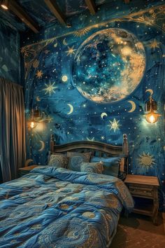 a bed room with a neatly made bed and a night sky mural on the wall