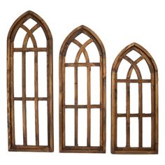 three wooden windows are shown against a white background