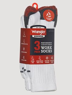 Steel toe Recycled yarns Moisture wicking Reinforced heel/toe Full cushion through leg Jaquard logo Western Shop, Wrangler Accessories, Work Socks, Workwear Jeans, Mens Workwear, Company Branding, Outdoor Pants, Nine Months, Recycled Yarn