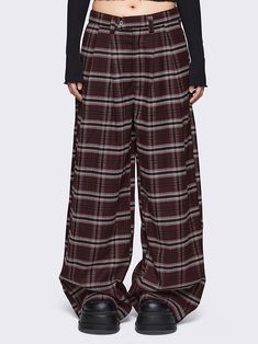 Upgrade your wardrobe with our Plaid Wide Leg Baggy Pants in burgundy. These vintage-inspired check trousers capture the essence of grandpa core style, offering a retro look. Shop now at Minga London! Grandpa Aesthetic, Baggy Pants Outfit, Class Dismissed, Minga London, Check Pants, Grandpa Core, Collared Sweater, Check Skirt, Random Clothes