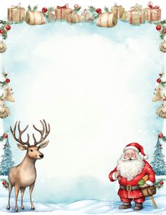 a christmas card with santa claus and reindeer