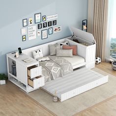 a white bed sitting on top of a wooden floor