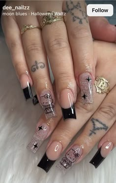 Cute Short Acrylic Nails Ideas Simple, 21st Birthday Nail Ideas Short, Gel X Nail Designs Black, Black Hello Kitty Nails, Nails For Concert, G59 Nails, Hello Kitty Nail Designs, 40k Followers, Black Hello Kitty