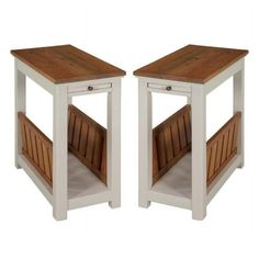 two white and wood side tables with wooden seats