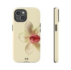 a phone case that has a flower on the front and back cover, with an image of a white orchid