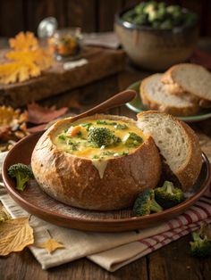 broccoli and cheese soup in a bread bowl